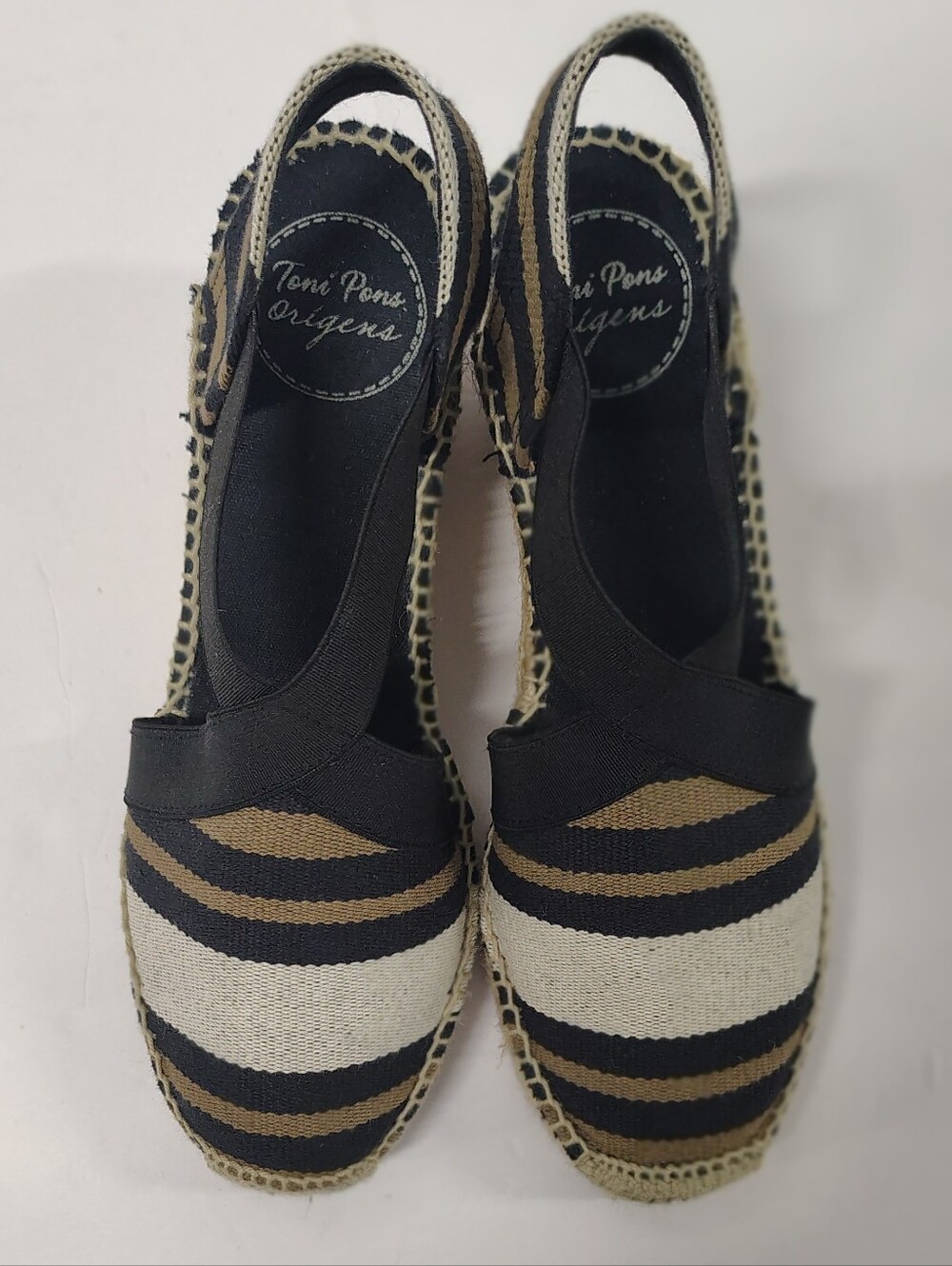 Toni Pons 'Tarbes' Espadrille Wedge Sandal Black Combo Linen Cream Stripe Sz 6
